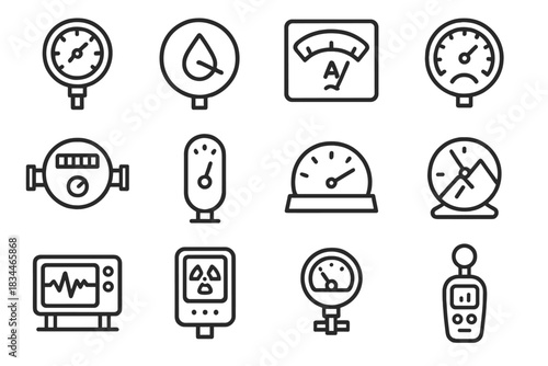 Measurement Device Icons. Line style icons of measurement devices: manometer, hygrometer, galvanometer, tachometer; water meter,