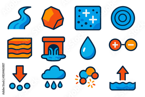 Water and Mineral Icons. Flat vector icons of water and mineral dynamics: flowing stream, mineral particle, dissolved salt, ripple