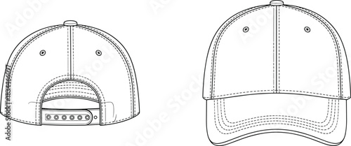Classic six-panel baseball cap hat flat technical drawing vector illustration, front and back view, snapback closure, adjustable strap, apparel template, sportswear accessory.
