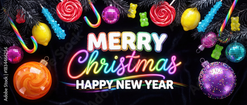 Candy style Christmas and New Year greeting banner with Cherry Red lollipops, electric blue candy sticks, yellow lemon drops, lime gummy bear shapes, and striped candy canes