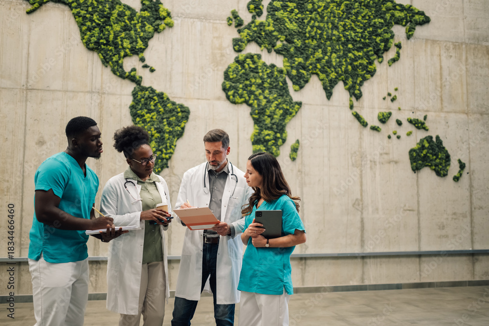 Naklejka premium Medical team collaborating global health initiatives