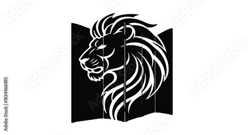 Majestic lion head profile black and white illustration, strong animal symbol logo design element on clean background