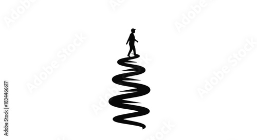 Silhouette of a person walking on a winding, abstract path against a white background, symbolizing journey and progress.
