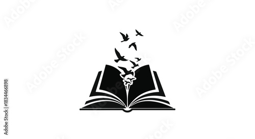 Birds take flight from an open book, symbolizing imagination and freedom.