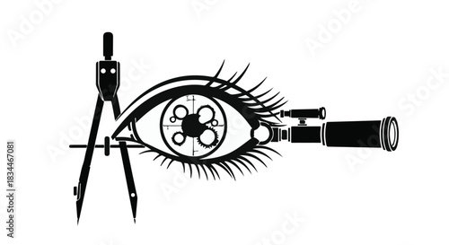 Creative vision concept with eye, compass, and spyglass on white background, symbolizing innovation and exploration