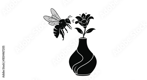Black silhouette bee flying near flower in vase on white background, simple minimalist illustration for design and decoration