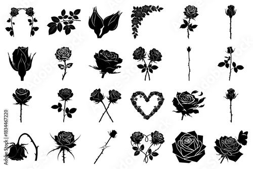 Collection of Black Rose Silhouettes and Floral Designs Keywords: rose, silhouette, flower