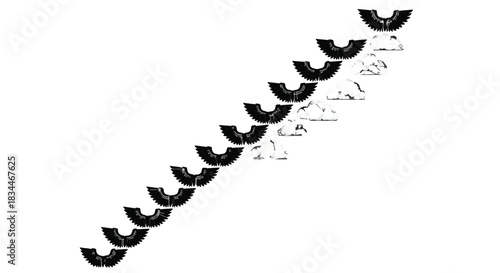 Black coffee cups in a row on a white background, empty and clean, for a cafe or office setting, with a minimalist aesthetic