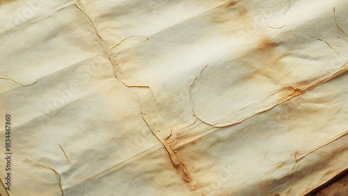 A close-up photograph of aged cigarette paper texture with fine, fibrous details and subtle imperfections. The surface displays a weathered cream-colored background with delicate wrinkles, small tears