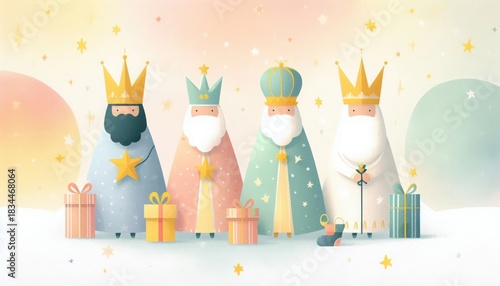 Illustration of the three wise men with gifts and crowns on a light background with stars and circles