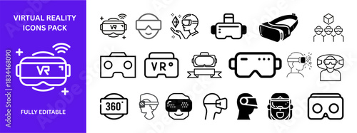 Virtual reality icons set, VR glasses, navigation arrows, connectivity symbols, futuristic tech pack, editable vector graphics, digital experience, user interface design
