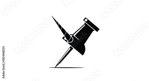 Black push pin thumbtack office supply stationery symbol icon on white background for organization planning and design