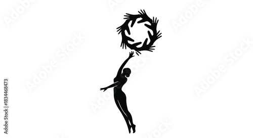 Silhouette of young woman jumping with floral wreath in hand, carefree and joyful, against white background, freedom and happiness concept