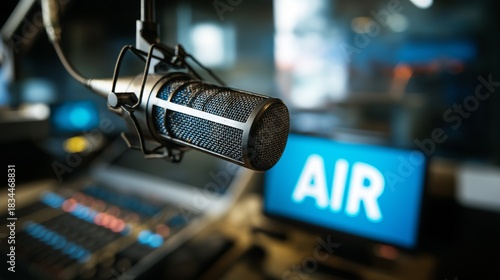 Professional microphone and on air sign in radio station studio