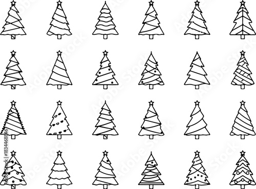 Christmas tree black and white symbols. Fir tree line drawing, vector icon