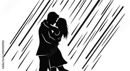 Romantic couple embracing and kissing passionately in the pouring rain