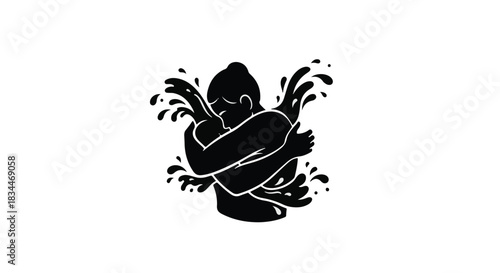 Abstract silhouette of a person embracing themselves with splashing water, symbolizing self-care and emotional release.