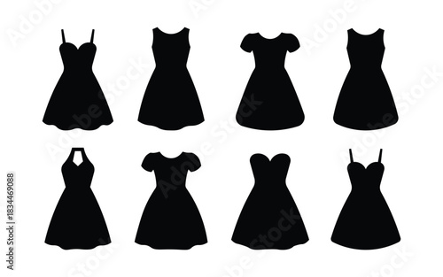 Corset midi dress silhouette vector. woman black dress silhouettes displayed on a white background showcase formal and casual fashion styles, perfect for design elements.
