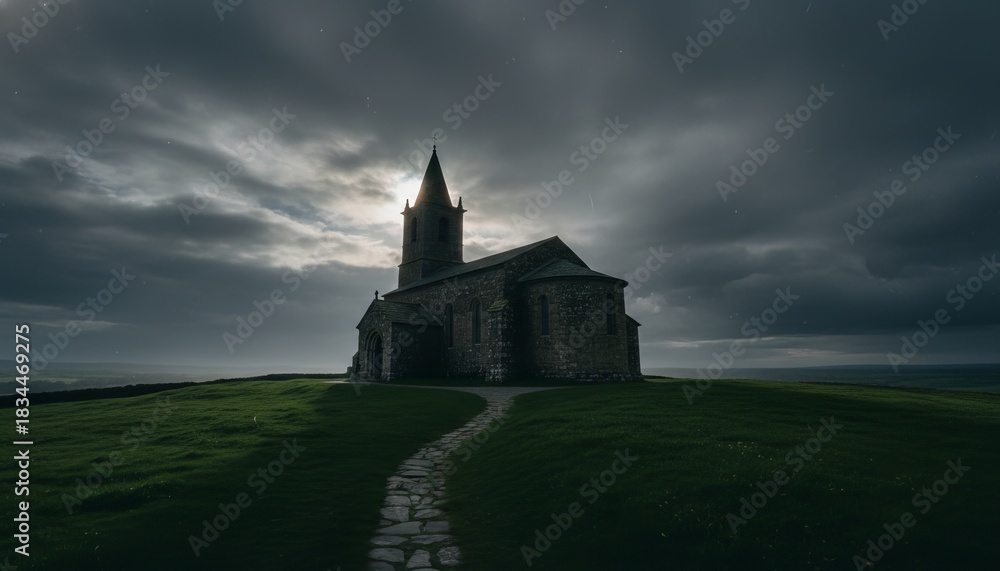 Fototapeta premium Ancient stone church with a tall steeple stands majestically on a grassy hill under a dramatic moonlit night sky with stars and clouds