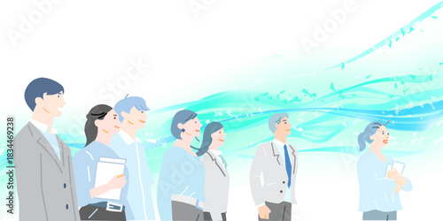 スタートアップのイメージイラストービジネスパーソンー明るい未来を夢見る男女ー抽象的な背景イラスト素材