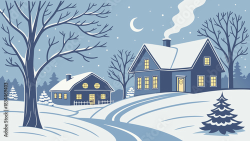 A serene winter scene depicts snowcovered houses nestled amidst trees, with a crescent moon and gentle snowfall creating a peaceful atmosphere