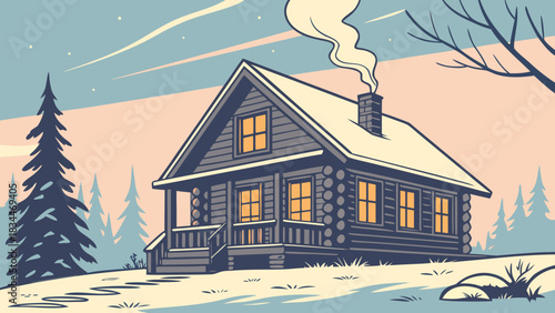 A cozy log cabin nestled in a snowy winter landscape, with smoke rising from the chimney, creating a serene and inviting scene of winter tranquility