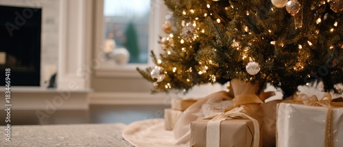 A beautifully decorated Christmas tree stands in a stylish room filled with red and gold ornaments, alongside softly glowing candles