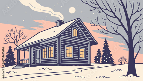 A cozy cabin nestled in a snowy landscape, smoke gently rising from the chimney, illuminated windows casting a warm glow on the winter scene