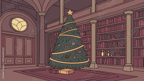 A festive christmas tree stands tall in a grand library, adorned with ornaments and lights, creating a warm and inviting holiday atmosphere
