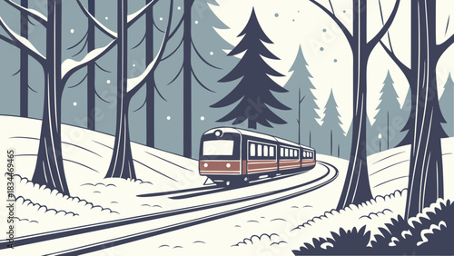 A train travels through a snowy forest, with tall trees and a blanket of snow covering the ground, creating a serene winter scene