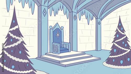 A throne room with a blue throne on a raised platform, flanked by decorated christmas trees and adorned with icicles hanging from the ceiling