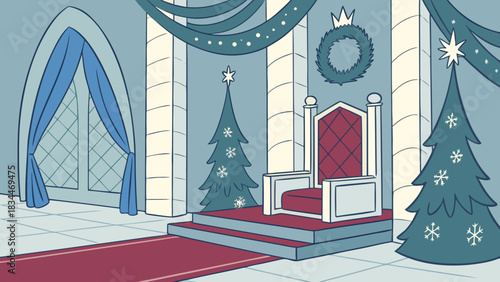 A festive throne room adorned with christmas trees, a regal throne, and holiday decorations, creating a scene of winter celebration and royal cheer