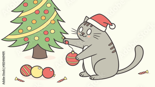 A gray cat wearing a santa hat decorates a christmas tree with ornaments, creating a festive and heartwarming holiday scene on a cream background