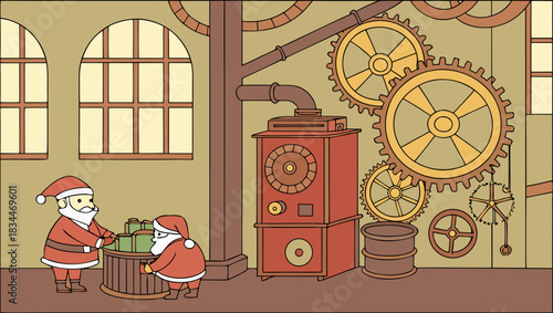 Santas workshop two elves pack gifts by a geardriven machine near arched windows, creating a festive and industrial christmas scene