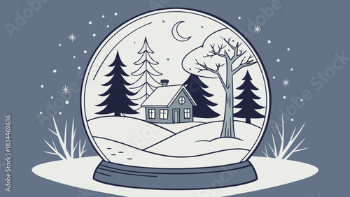 A charming snow globe showcases a cozy winter scene with a quaint house nestled among snowcovered hills, trees, and a crescent moon in the sky