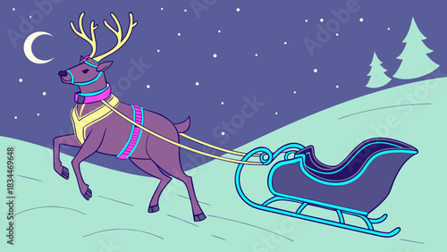 A reindeer pulling a sleigh under a starry night sky with a crescent moon, creating a whimsical and festive scene, perfect for the holidays