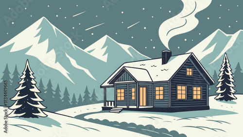 A cozy cabin nestled in a snowy winter landscape with mountains, trees, and smoke rising from the chimney, creating a serene and peaceful scene