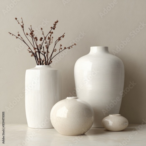 Elegant minimalistic still life of matte ceramic vases with neutral shadows in trendy white cloud color. Perfect for interior design, decor, lifestyle, and branding visuals, 2026 year