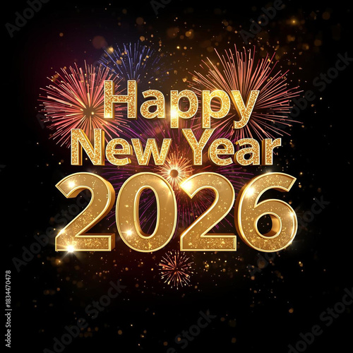 Happy New Year 2026 holiday celebration card design illustration with a winter night decoration vector sign and bright sale label text