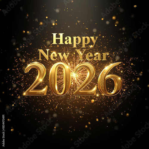 A gold vector illustration of a happy new year celebration greeting card design with a snow winter star and the number 2026 text decoration