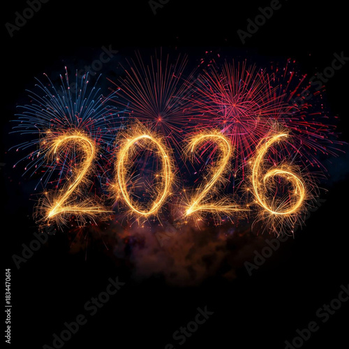 Bright pyrotechnics illuminate the night sky with sparks and fire to celebrate the new year 2026