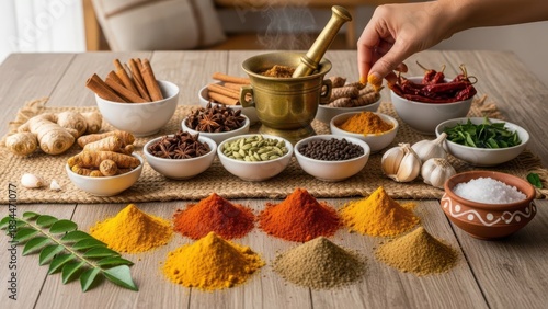 Colorful indian spices arranged artfully on a wooden table