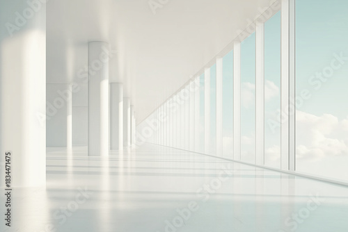 Futuristic white corridor with panoramic windows, Cloudy Dancer color trend