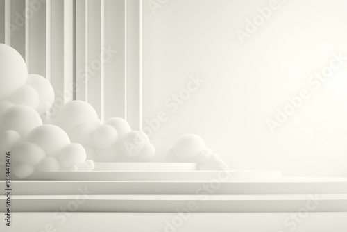White podium with soft abstract cloud shapes, Cloudy Dancer color trend