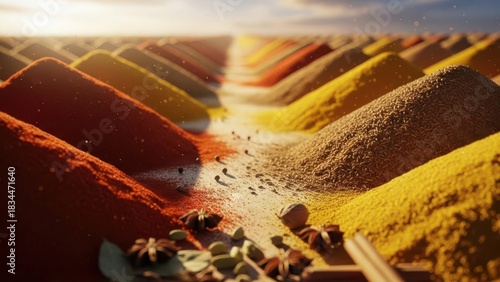 Fototapeta Naklejka Na Ścianę i Meble -  Vibrant spice piles illuminated by golden sunlight