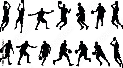 Basketball silhouette, player motion, jump shot, dribble, pass, black vector, sports posture, athletic pose - flavector