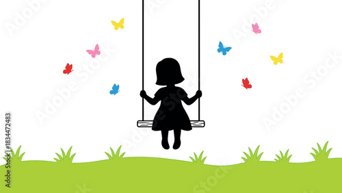 Child on swing silhouette, butterflies, grassy ground, playful nature, innocence, joy, outdoor scene, black illustration – flavector