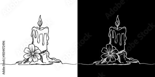 Candle with flower and dripping wax, monochrome isolated vector image on a transparent background, pencil drawing
