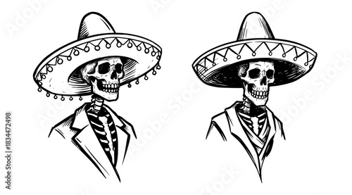 Two skeletons wearing traditional sombreros in pencil drawing style, monochrome isolated vector image on a transparent background
