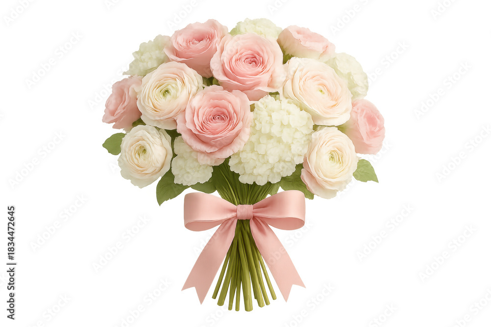 Obraz premium Bouquet of soft pink roses, cream ranunculus, and white hydrangea flowers tied with a pink ribbon for romance and special occasions, transparent background